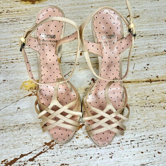 Moschino Cheap and Chic Strappy Heels 38 Ankle Strap Peep Toe Open Champagne - Picture 6 of 11